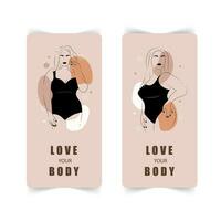 Body positive stories template. Abstract minimalistic female figures. Linear elegant women in lingerie and swimsuit on abstract simple shapes. Promotion design for social media. Mobile background. vector