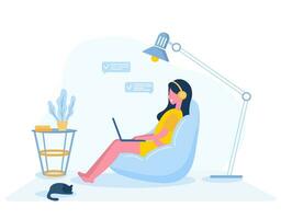 Womens freelance. Girl with laptop sitting on a chair bag. Concept illustration for working, studying, education, work from home, healthy lifestyle. Vector illustration in flat style.