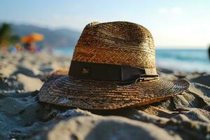 ai generado Paja sombrero en el arena playa profesional fotografía foto