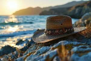 AI generated Straw hat on the sand beach professional photography photo