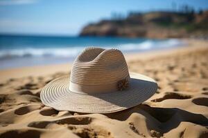ai generado Paja sombrero en el arena playa profesional fotografía foto