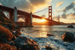 ai generado dorado hora foto de el puente con dramático Encendiendo profesional fotografía