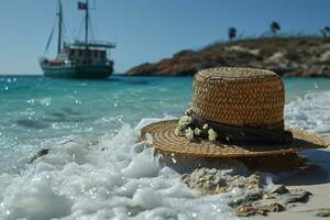 ai generado Paja sombrero en el arena playa profesional fotografía foto