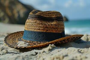 ai generado Paja sombrero en el arena playa profesional fotografía foto