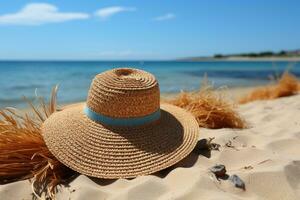 ai generado Paja sombrero en el arena playa profesional fotografía foto