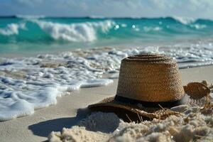 ai generado Paja sombrero en el arena playa profesional fotografía foto