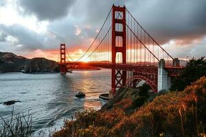 ai generado dorado hora foto de el puente con dramático Encendiendo profesional fotografía