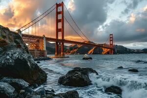 ai generado dorado hora foto de el puente con dramático Encendiendo profesional fotografía