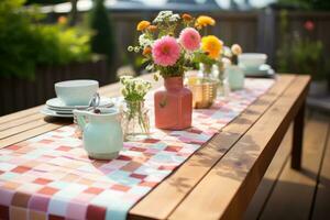 AI generated a table with a vase of flowers on it decorated with summer ornaments photo