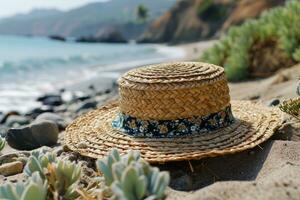 AI generated Straw hat on the sand beach professional photography photo