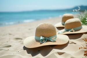 ai generado Paja sombrero en el arena playa profesional fotografía foto