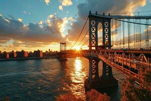 ai generado dorado hora foto de el puente con dramático Encendiendo profesional fotografía