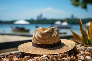 ai generado Paja sombrero en el arena playa profesional fotografía foto