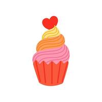 Bright pink cupcake with heart and colored cream decoration for Valentine's day. Vector illustration isolated on white background. Detailed cartoon element for holiday patterns, packaging, designs