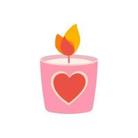 Burning candle in jar with heart and flame for Valentine's day. Vector illustration isolated on white background. Detailed cartoon element for holiday patterns, packaging, designs