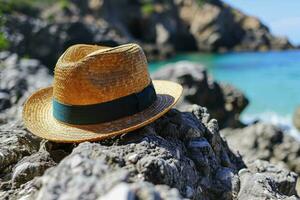 ai generado Paja sombrero en el arena playa profesional fotografía foto