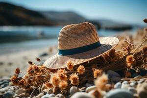 ai generado Paja sombrero en el arena playa profesional fotografía foto