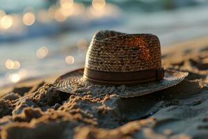 ai generado Paja sombrero en el arena playa profesional fotografía foto