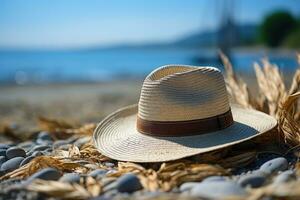 AI generated Straw hat on the sand beach professional photography photo