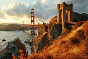 ai generado dorado hora foto de el puente con dramático Encendiendo profesional fotografía