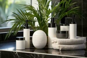 AI generated toiletries and bath accessories professional photography photo