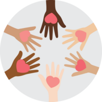 Flat design illustration of people with different skin colors putting their hands together, holding pink heart, on grey circle background. Unity concept. png
