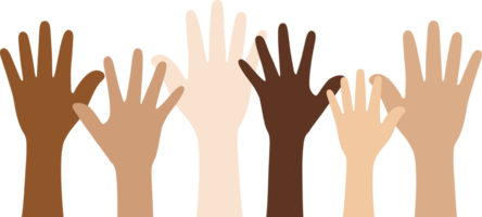 Flat design illustration of people with different skin colors raising their hands. Unity concept. png