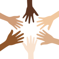 Flat design illustration of people with different skin colors putting their hands together. Unity concept. png