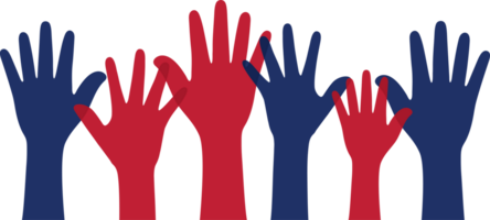 Silhouette of blue and red colored raising hands as United States of America Flag symbol. United States elections concept. png