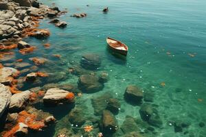 ai generado hermosa marina playa Oceano con vistoso barcos profesional fotografía foto