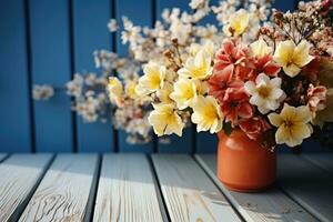 ai generado de madera mesa con flores profesional fotografía foto