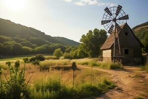 AI generated wooden house at the foot of the mountain professional photography photo