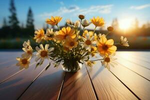 ai generado de madera mesa con flores en el antecedentes profesional fotografía foto