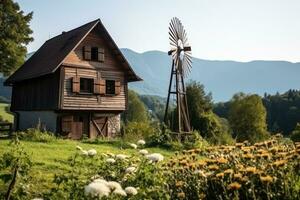 AI generated wooden house at the foot of the mountain professional photography photo