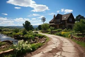 AI generated wooden house at the foot of the mountain professional photography photo