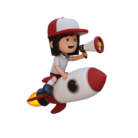 3D girl character riding a rocket and holding megaphone png