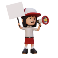 3D girl character holding a blank placard png