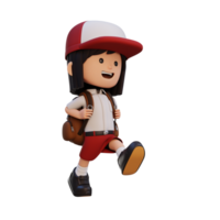 3d feliz menina personagem caminhando ir para escola segurando saco png