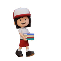 3D happy girl character holding book png