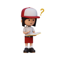 3D girl character get confused when reading a book png