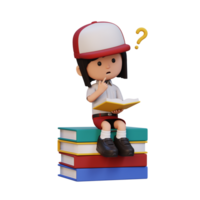 3d fille personnage avoir confus lorsque en train de lire une livre png