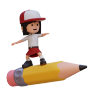 3D girl character standing riding a pencil png