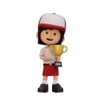 3D girl character celebrating win holding a trophy png