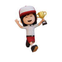 3D girl character celebrating win holding a trophy png