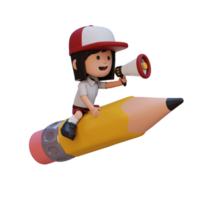 3D girl character riding a pencil and holding megaphone png