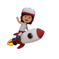 3D girl character riding a rocket and waving hand png