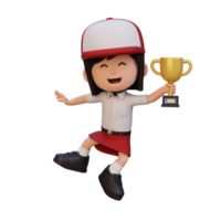 3d niña personaje celebrando ganar participación un trofeo png