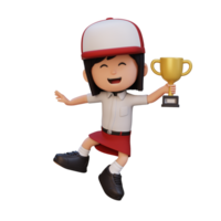 3D girl character celebrating win holding a trophy png