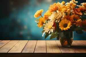 AI generated wooden table with flowers professional photography photo