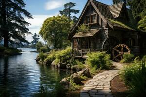 AI generated wooden house at the foot of the mountain professional photography photo